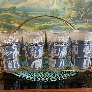 Vintage drink caddy set 8 HAZEL ATLAS EGYPTIAN Blue Wedgwood tumblers barware